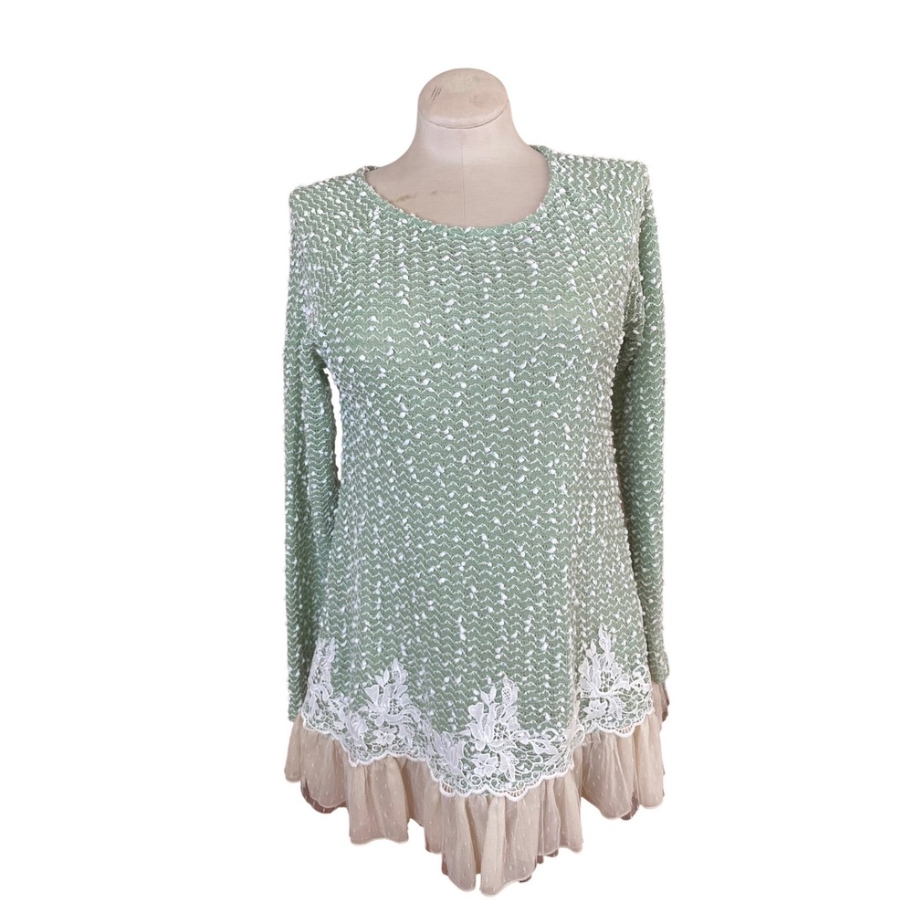 Amitie Sage Green Popcorn Knit Sweater White Lace Floral Tulle Ruffle‎ Hem large